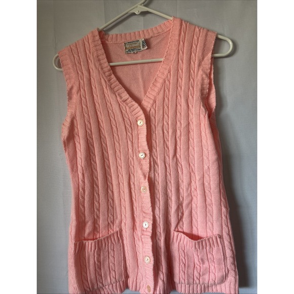 Vintage Sweaters - Vintage Donnkenny Button Front Cable Knit Vest Sweater Pink Size Med Pockets